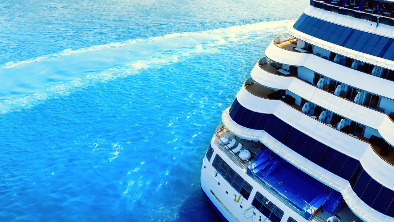 Image partly showing the aft of a cruise ship.
