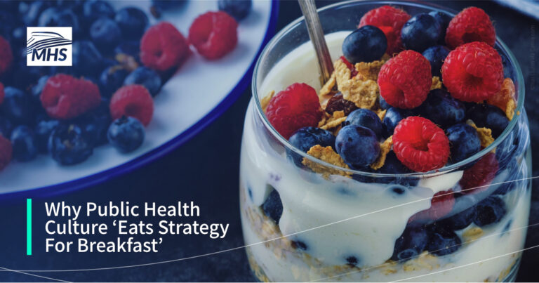 Photo of a berry breakfast, with the words, Why Public Health Culture Eats Strategy For Breakfast