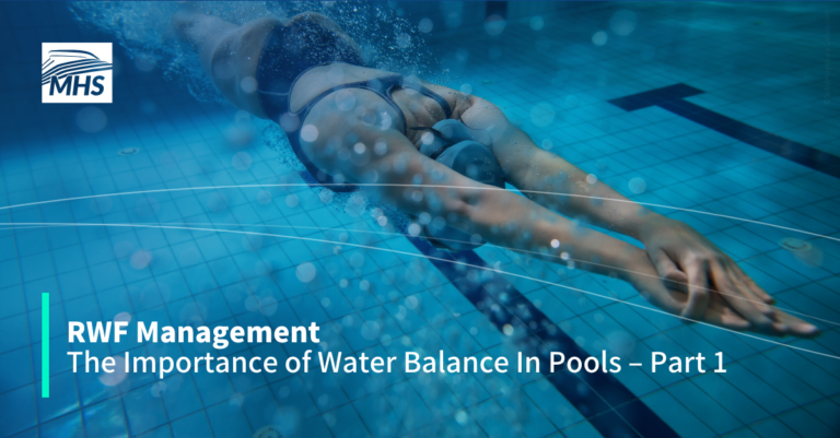 A woman diving into a swimming pool, with the words, RWF Management, The importance of Water Balance in Pools, Part 1