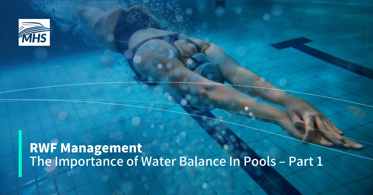 A woman diving into a swimming pool, with the words, RWF Management, The importance of Water Balance in Pools, Part 1