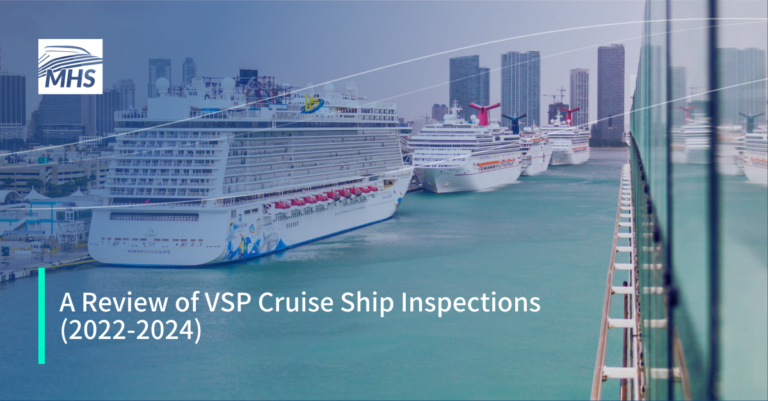 Four cruise ships docked in the port of Miami, with the title A Review of VSP Cruise Ship Inspections (2022-2024)