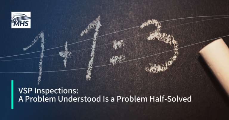 An image of a blackboard with the equation 1+1=3 written in chalk, with the words VSP Inspections A Problem Understood Is a Problem Half-Solved