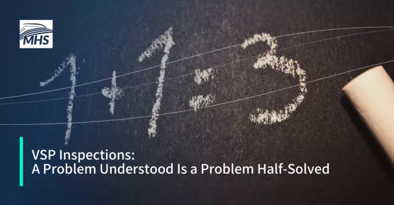 An image of a blackboard with the equation 1+1=3 written in chalk, with the words VSP Inspections A Problem Understood Is a Problem Half-Solved