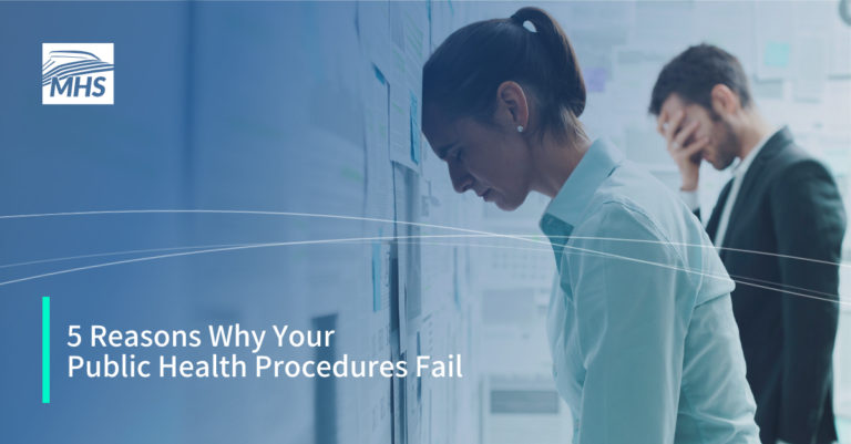 Two staff members overloaded with problems, with the words 5 Reasons Why Your Public Health Procedures Fail