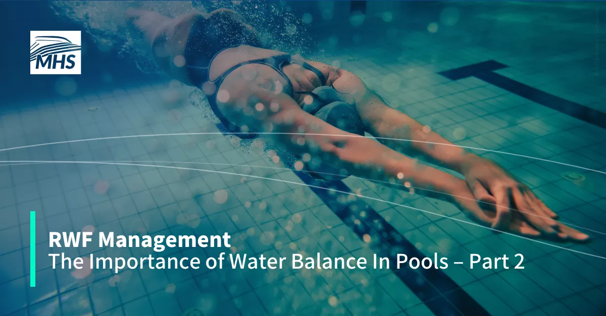 A woman diving into a swimming pool, with the words, RWF Management, The Importance of Water Balance in Pools, Part 2