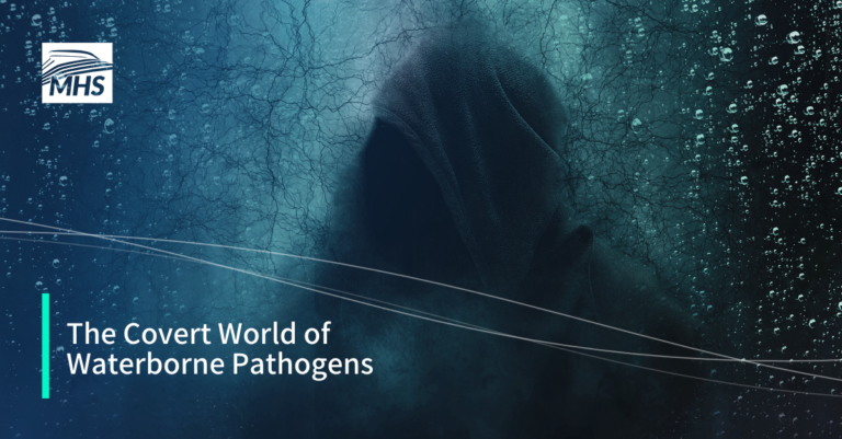 A shadowy figure with a cloak over its head, with the words, The Covert World of Waterborne Pathogens