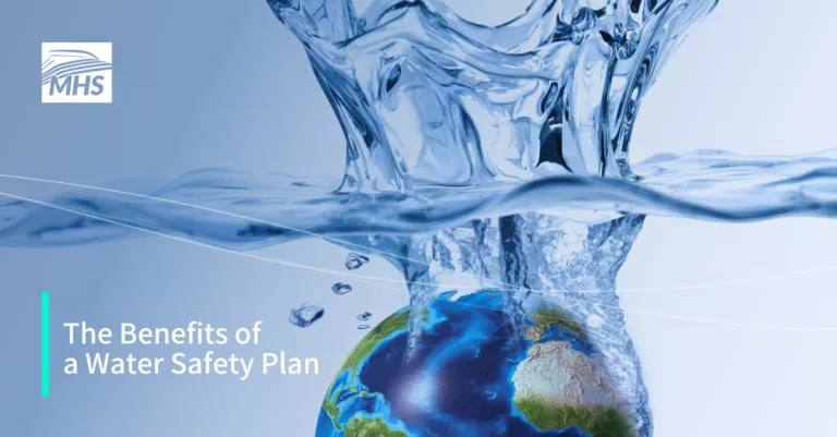 An image of the Earth falling into a body of water, with the words, The Benefits of a Water Safety Plan