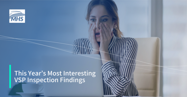 A woman looking at a laptop screen with a shocked expression, with the words This Year’s Most Interesting VSP Inspection Findings