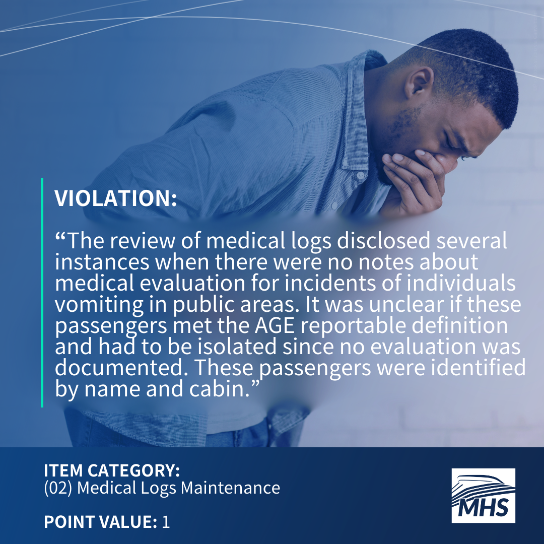 A man who is about to vomit with the words, Violation, The review of medical logs disclosed several instances when there were no notes about medical evaluation for incidents of individuals vomiting in public areas. It was unclear if these passengers met the AGE reportable definition and had to be isolated since no evaluation was documented. These passengers were identified by name and cabin. Item Category 02 Medical Logs Maintenance, Point Value 1