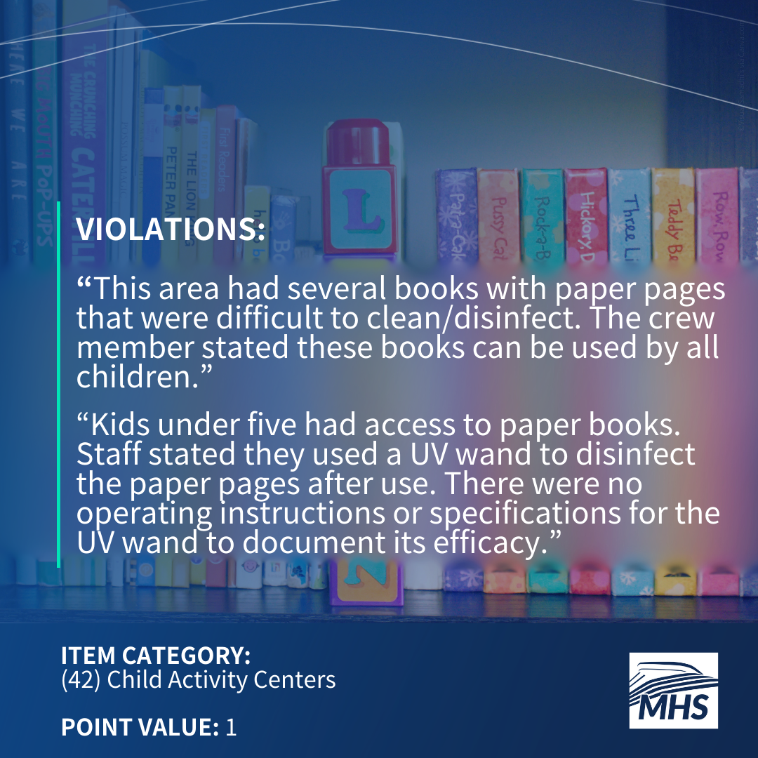 Childrens books on a shelf with the words, Violations, This area had several books with paper pages that were difficult to clean or disinfect. The crew member stated these books can be used by all children. Kids under five had access to paper books. Staff stated they used a UV wand to disinfect the paper pages after use. There were no operating instructions or specifications for the UV wand to document its efficacy. Item Category 42 Child Activity Centers, Point Value 1
