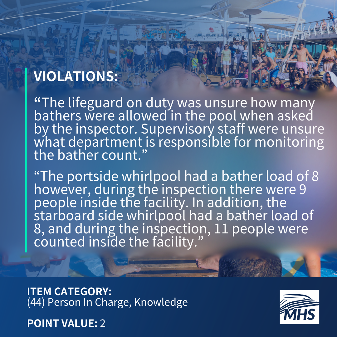A swimming pool on a cruise ship with the words, Violations, The lifeguard on duty was unsure how many bathers were allowed in the pool when asked by the inspector. Supervisory staff were unsure what department is responsible for monitoring the bather count. The portside whirlpool had a bather load of 8 however, during the inspection there were 9 people inside the facility. In addition, the starboard side whirlpool had a bather load of 8, and during the inspection, 11 people were counted inside the facility. Item Category 44 Person In Charge, Knowledge, Point Value 2