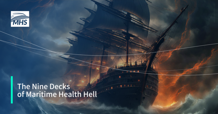 An old ship battling through a storm with towering waves and a fiery, ominous sky in the background, with the words, The Nine Decks of Maritime Health Hell