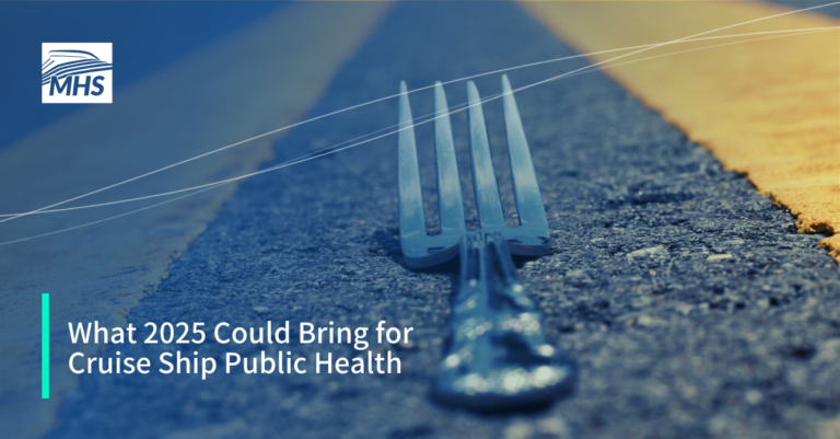 An image featuring a fork lying in the middle of the road symbolizing change, with the words, What 2025 Could Bring for Cruise Ship Public Health