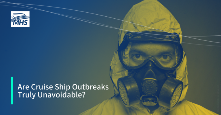 An image featuring a man wearing a protective suit, with the words, Are Cruise Ship Outbreaks Truly Unavoidable?