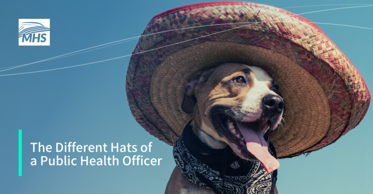 An image featuring a dog wearing a big hat, with the words, The Different Hats of a Public Health Officer