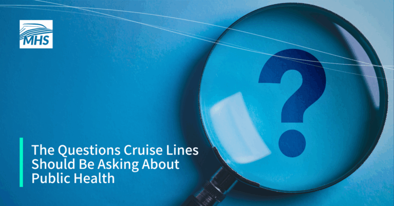 An image of a magnifying glass and a question mark with the words, The Questions Cruise Lines Should Be Asking About Public Health