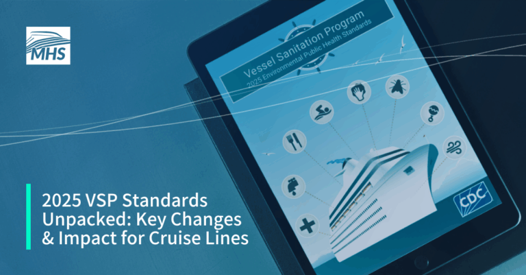 An image of the front cover from the CDC’s 2025 VSP Environmental Public Health Standards manual shown on an iPad screen with the words, 2025 VSP Standards Unpacked: Key Changes & Impact for Cruise Lines