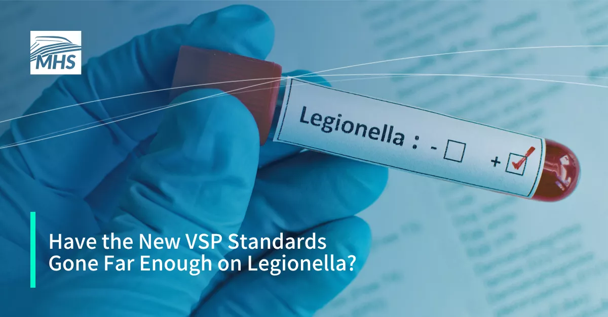 An image of a blood sample marked as Legionella positive with the words, Have the New VSP Standards Gone Far Enough on Legionella?