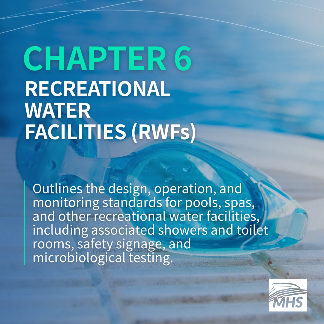 An image of swimming goggles next to a pool with the words, Chapter 6 Recreational Water Facilities (RWFs), Outlines the design, operation, and monitoring standards for pools, spas, and other recreational water facilities, including associated showers and toilet rooms, safety signage, and microbiological testing