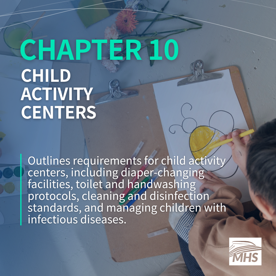 A top-down image of a child drawing a bee with the words, Chapter 10 Child Activity Centers, Outlines requirements for child activity centers, including diaper-changing facilities, toilet and handwashing protocols, cleaning and disinfection standards, and managing children with infectious diseases