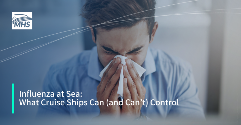 A closeup of a young businessman blowing his nose with the words, Influenza at Sea What Cruise Ships Can (and Can’t) Control