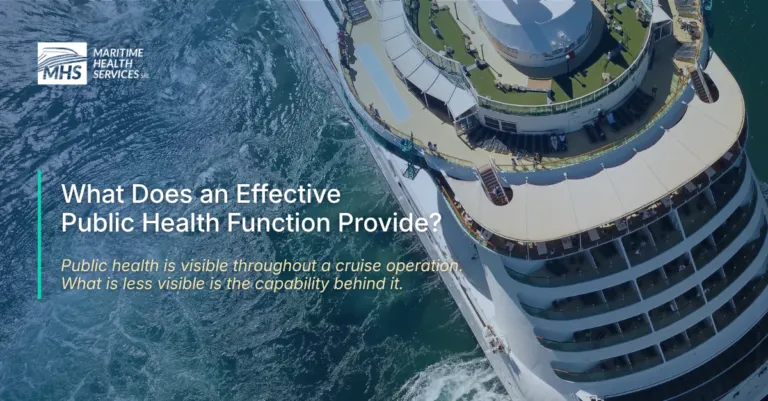 Aerial view of a large cruise ship sailing in the ocean with the words, What Does an Effective Public Health Function Provide? Public health is visible throughout a cruise operation. What is less visible is the capability behind it.